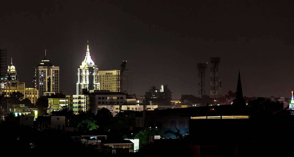Bengaluru skyline at night with the lit towers of UB City