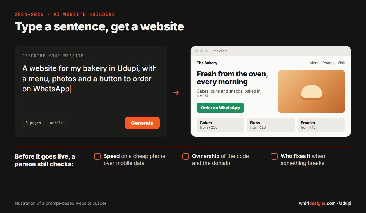 Illustration of an AI website builder prompt box with a typed request for a bakery website and a generated page preview