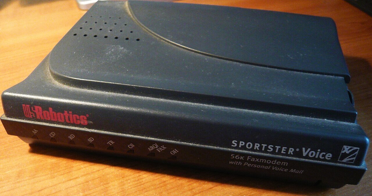 A US Robotics 56K dial-up modem from the late 1990s