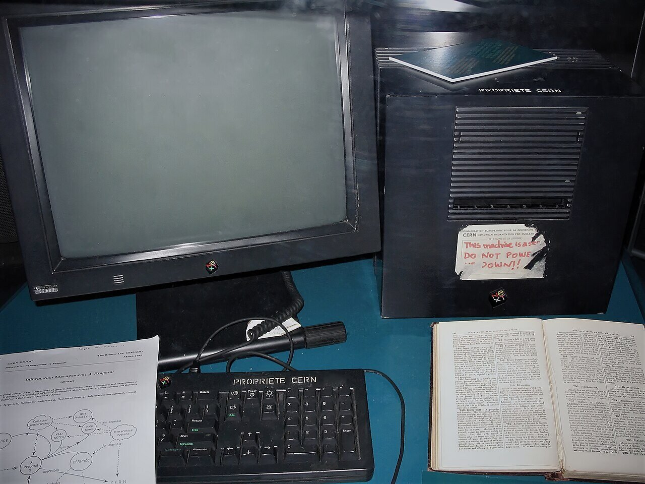 The NeXT computer Tim Berners-Lee used as the first web server, on display with a handwritten do-not-power-down label