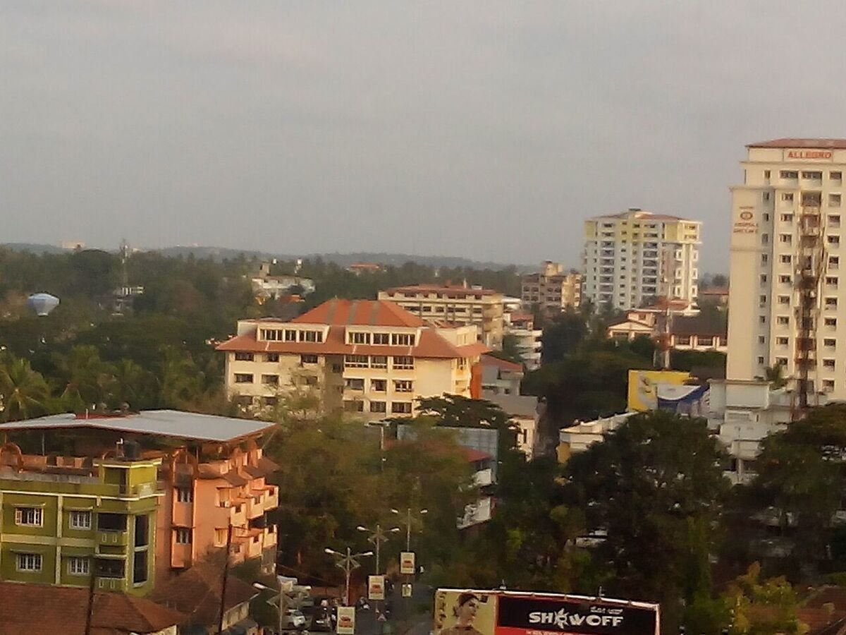 View over central Mangalore from Forum Fiza Mall, with apartment blocks, office buildings and trees